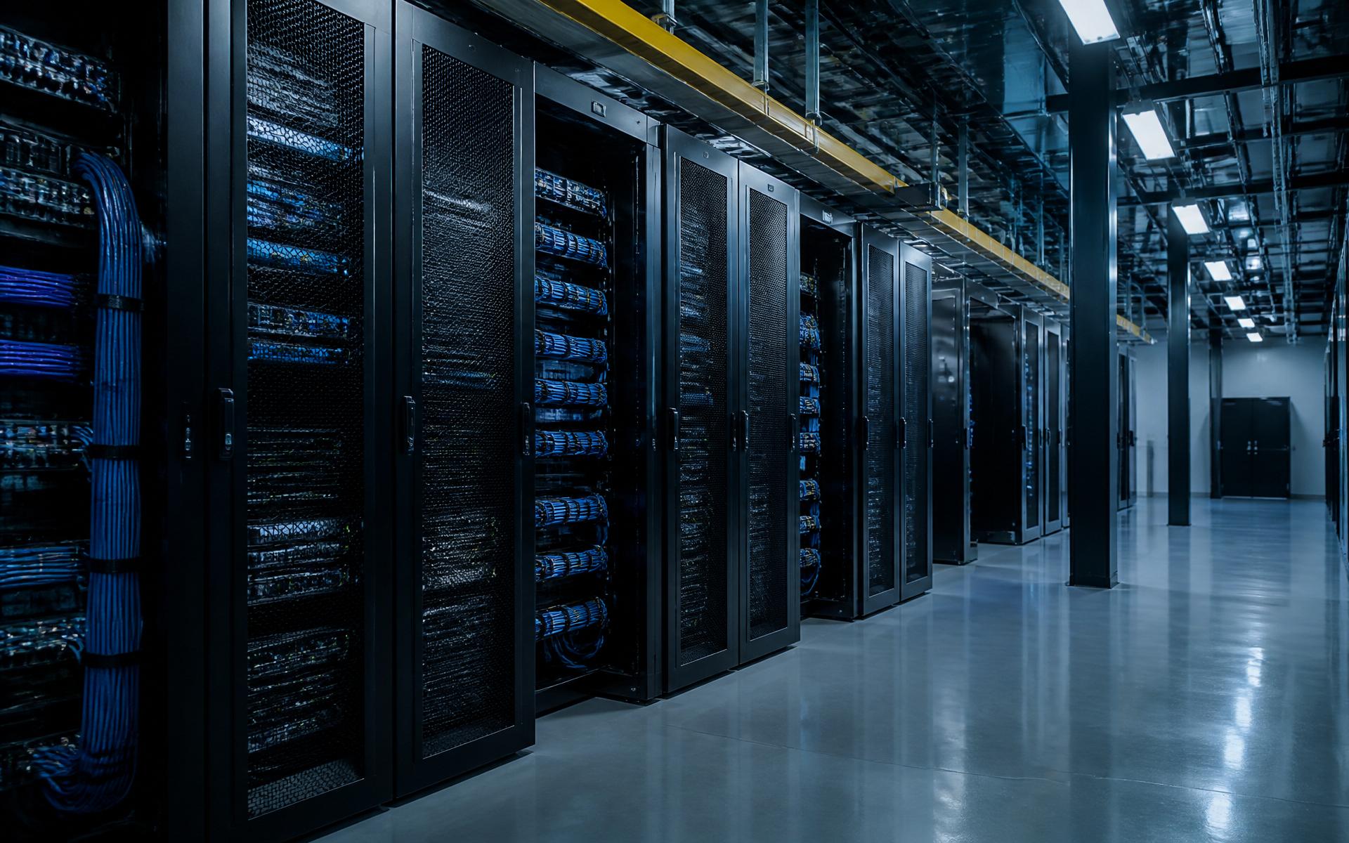 Interior of an enterprise data center with rows of black server racks and structured blue cabling